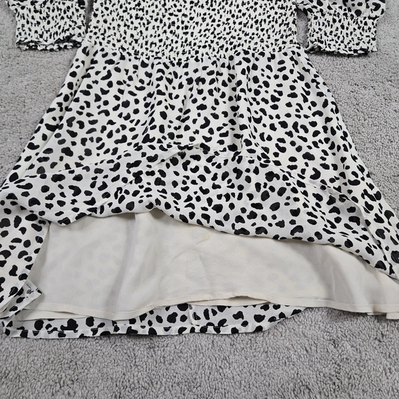 Reformation Elle Mini Dress Black White Ocelot Animal Print Smocked Puff Sleeves - Picture 11 of 14
